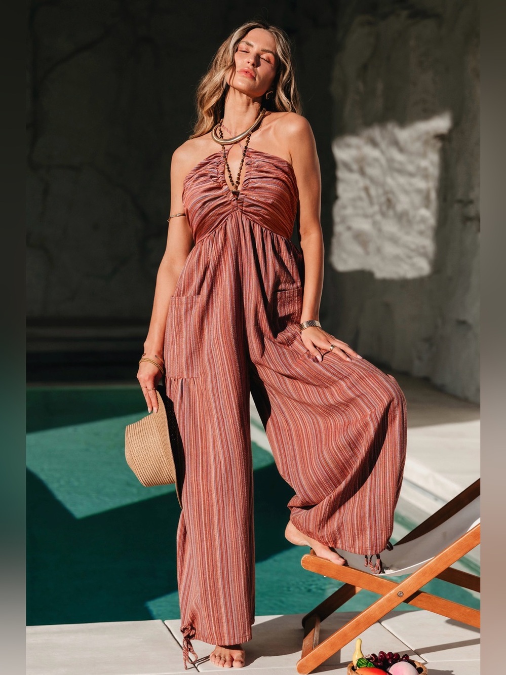 Striped Plunge Rust Wide-Leg Halter Jumpsuit